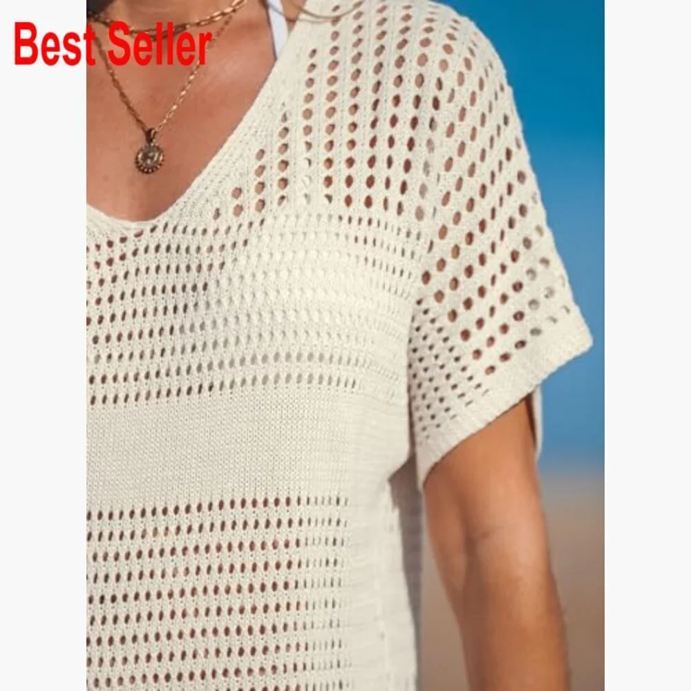 Crochet Swimsuit Cover Up Short Sleeve Beach Dress V Neck